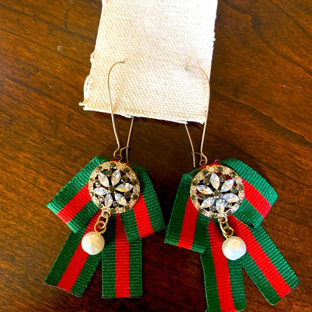 Red and green striped ribbon earrings